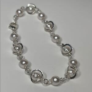 Silver Tone and White Faux Pearl Fashion Bracelet 8.5”